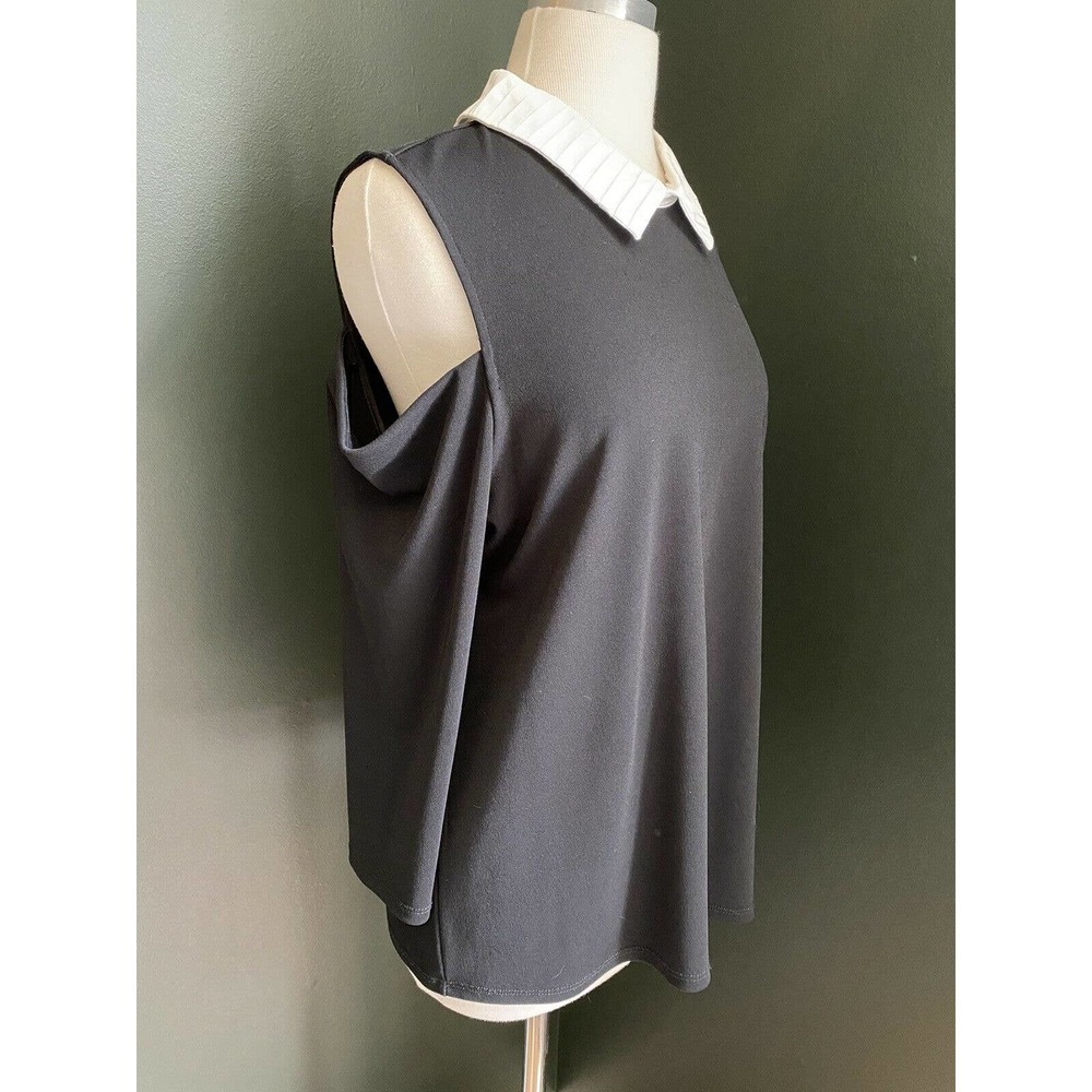 Karl Lagerfeld Paris Collared Blouse Pearl Accents Cold Shoulder Black White L